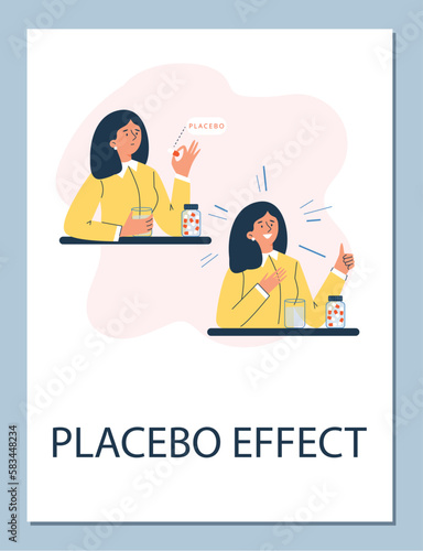 Pain relief with placebo pill, happy woman - poster flat vector illustration.