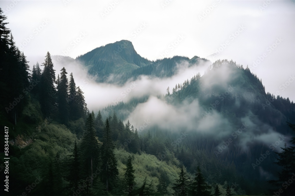 mountains peak out of the fog over a forest valley generative ai	