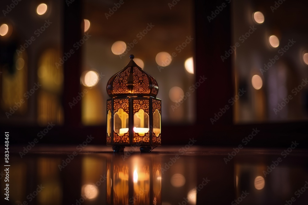 lantern on a wooden table generative ai Arabian Islamic artwork with a bokeh background and copy space