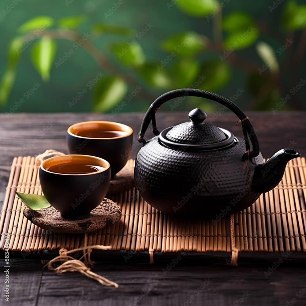 Asian tea set. Japanese teapot and cups on bamboo mat. generative ai