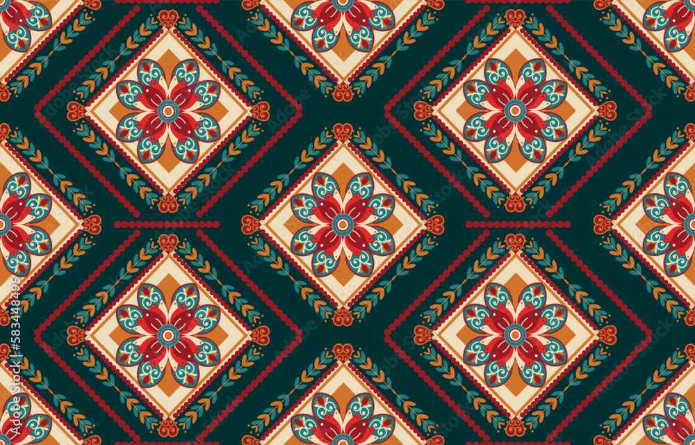 Ethnic flowers pattern art Seamless pattern in tribal folk embroidery and Mexican style Aztec geometric art ornament print Design for carpet wallpaper  clothing wrapping fabric cover textile flyer