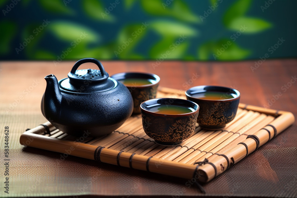 Asian tea set. Japanese teapot and cups on bamboo mat. generative ai. Hot  tea in pot and teacups Illustration Stock | Adobe Stock