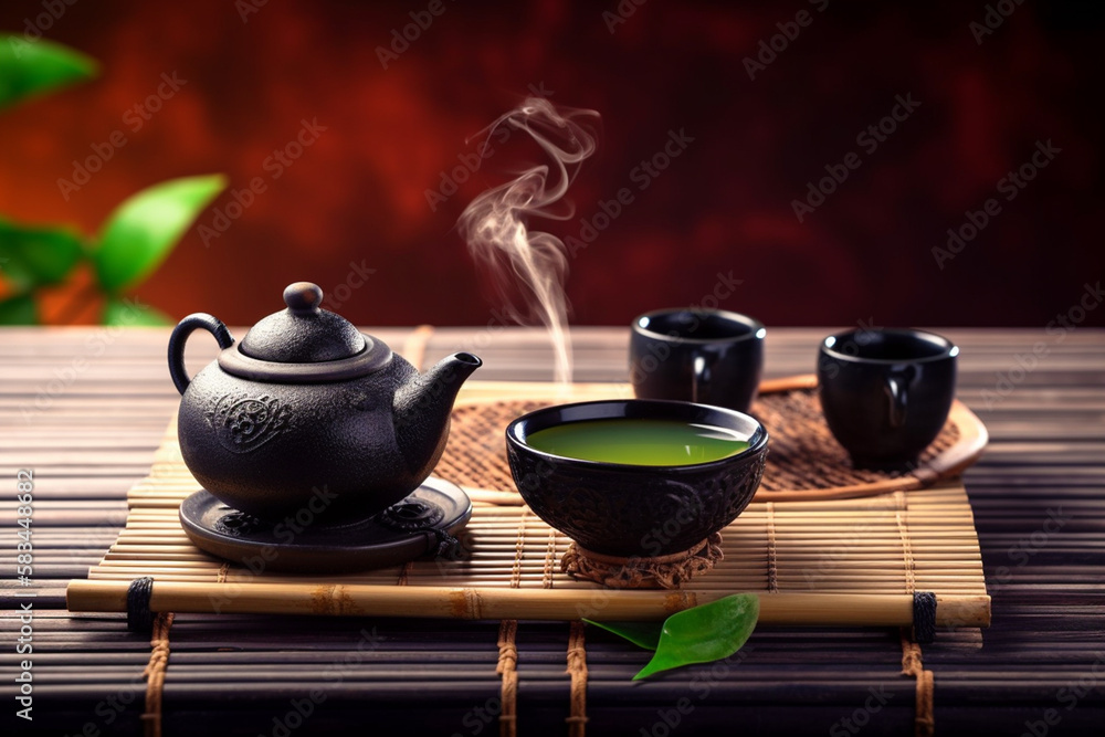 Asian tea set. Japanese teapot and cups on bamboo mat. generative ai. Hot tea in pot and teacups - obrazy, fototapety, plakaty 