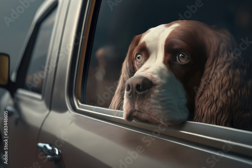 Dog in the car. AI generative.