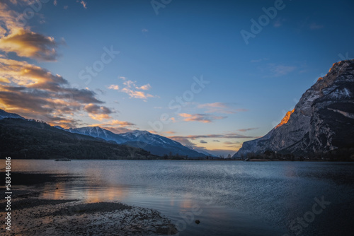 the sunrise on Lake Toblino in the province of Trento in Italy. January 2023
