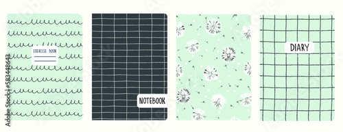 Set of cover page templates based on grid seamless patterns, spiral lines, polka dot pattern. Plaid backgrounds for school notebooks, diaries. Headers isolated and replaceable