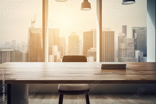 Modern office background with wood table in city center and blank copy space for product display mockup. Interior of a desk in a workspace used for business. Generative AI © 2rogan