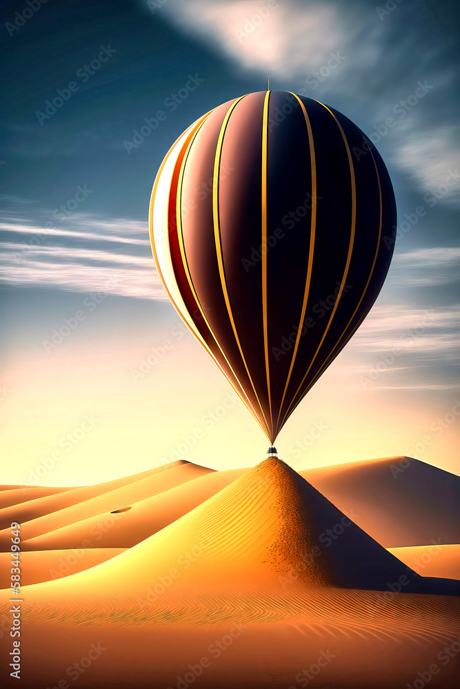 A vibrant hot air balloon soars over the golden desert dunes, a majestic sight in the wide open sky, made with generative ai