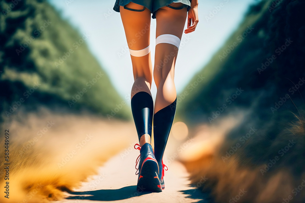 Leg Running Model A young woman wearing sportswear is running through an open field, her ...