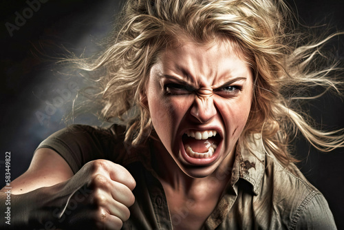 Blonde young woman with wild hair looking angry with distorted face and raised fist in fight, made with generative ai
