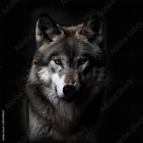 Portrait of a wolf on black background - Generative AI