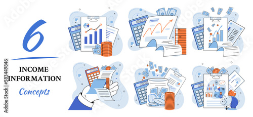 Registration of claim form register document, providing personal information, income information vector set. Employer form, earnings statement documents. Tax, financial and accounting reporting