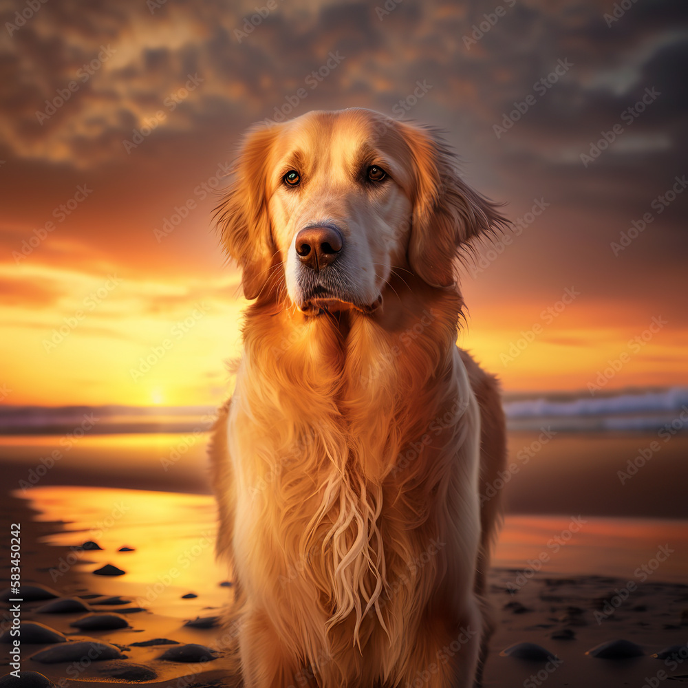 Golden retriever. generative ai. Summer beach dog portrait. Portrait of a golden retriever dog