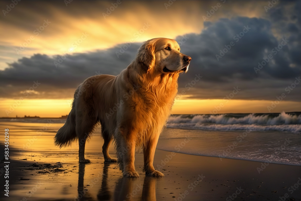 Golden retriever. generative ai. Summer beach dog portrait. Portrait of a golden retriever dog