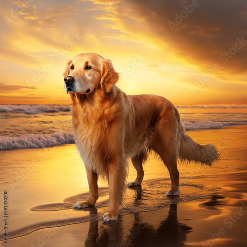 Golden retriever. generative ai. Summer beach dog portrait. Portrait of a golden retriever dog