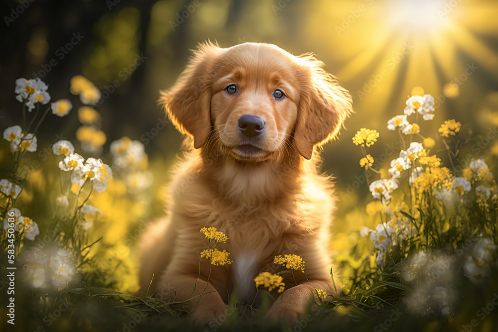 Golden retriever puppy. generative ai. Spring dog portrait. Portrait of a golden retriever dog Golden retriever puppy. generative ai. Spring dog portrait. Portrait of a golden retriever dog