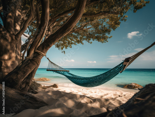 Romantic cozy hammock in the shade of a palm tree on a tropical beach by the sea.tourism advertising concept .generative AI