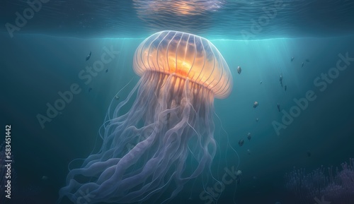 An image of a deep sea world, with glowing jellyfish and undulating waves of light creating a dreamlike and surreal environment. professional color grading, soft shadows, no contrast, generative AI © legendexpert