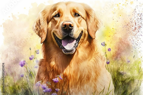 Golden retriever. generative ai. Watercolor spring dog portrait. Portrait of a golden retriever dog