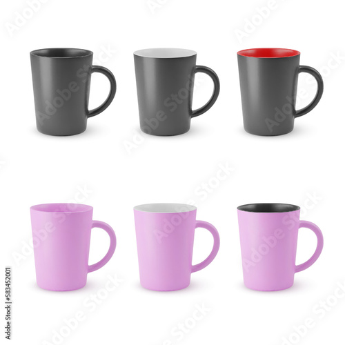 Illustration of Six Realistic Empty Ceramic Coffee Cup or Tea Mug on a White Backdrop. Isolated Mockup with Shadow Effect, and Copy Space for Your Design. Kitchen Symbol, Cafe, Tea Time Decoration