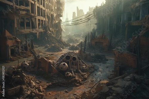 A cyberpunk wasteland city with mechanical skeletons decomposing on the ground realistic, generative AI