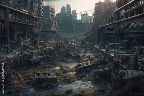 A cyberpunk wasteland city with mechanical skeletons decomposing on the ground realistic, generative AI © legendexpert