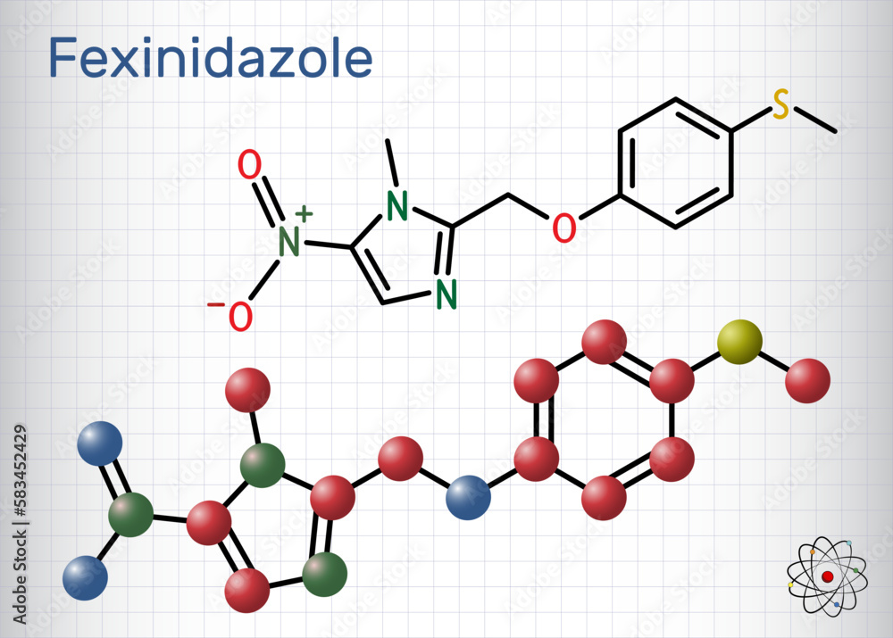 Fexinidazole molecule. It is drug used to treat African trypanosomiasis or sleeping sickness. Molecule model. Sheet of paper in a cage. Fexinidazole molecule. It is drug used to treat African trypanosomiasis or sleeping sickness. Molecule model. Sheet of paper in a cage.