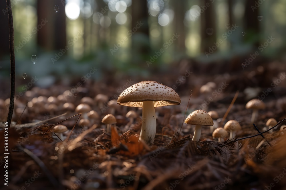 Fototapeta premium Wild mushrooms growing from soil