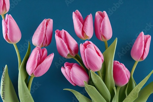 Green blue background favorably emphasizes delicate pink color of tulip flower., created with generative ai photo