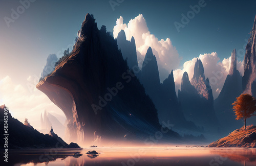 Illustration of a serene landscape featuring mountains, trees, and a calm body of water created with Generative AI technology