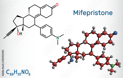 Mifepristone, molecule. It is progestational, glucocorticoid hormone antagonist, emergency contraceptive agent. Structural chemical formula and molecule model.