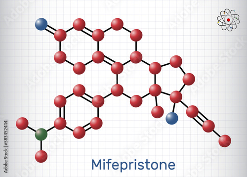 Mifepristone, molecule. It is progestational, glucocorticoid hormone antagonist, emergency contraceptive agent. Structural chemical formula and molecule model. Sheet of paper in a cage