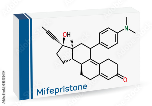 Mifepristone, molecule. It is progestational, glucocorticoid hormone antagonist, emergency contraceptive agent. Skeletal chemical formula. Paper packaging for drugs.