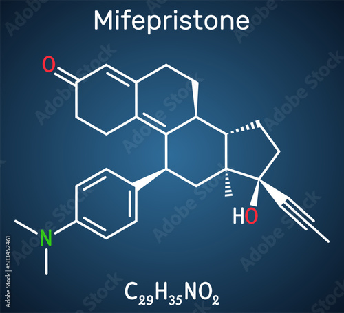 Mifepristone, molecule. It is progestational, glucocorticoid hormone antagonist, emergency contraceptive agent. Structural chemical formula on the dark blue background.