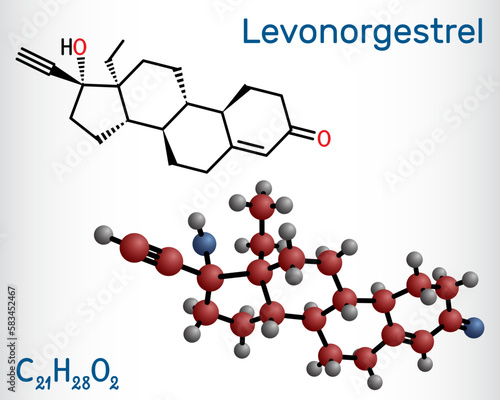 Levonorgestrel progestin molecule. It is synthetic progestogen, contraceptive. Structural chemical formula and molecule model. photo