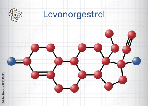 Levonorgestrel progestin molecule. It is synthetic progestogen, contraceptive. Structural chemical formula and molecule model. Sheet of paper in a cage