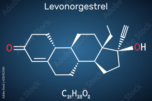Levonorgestrel progestin molecule. It is synthetic progestogen, contraceptive. Structural chemical formula and molecule model