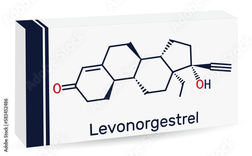 Levonorgestrel progestin molecule. It is synthetic progestogen, contraceptive. Skeletal chemical formula. Paper packaging for drugs.