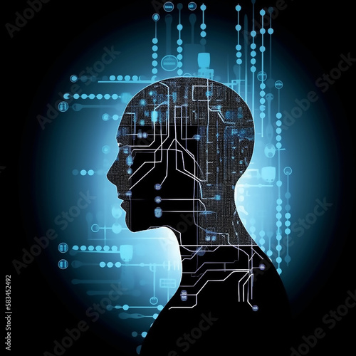 Human head silhouette with circuits