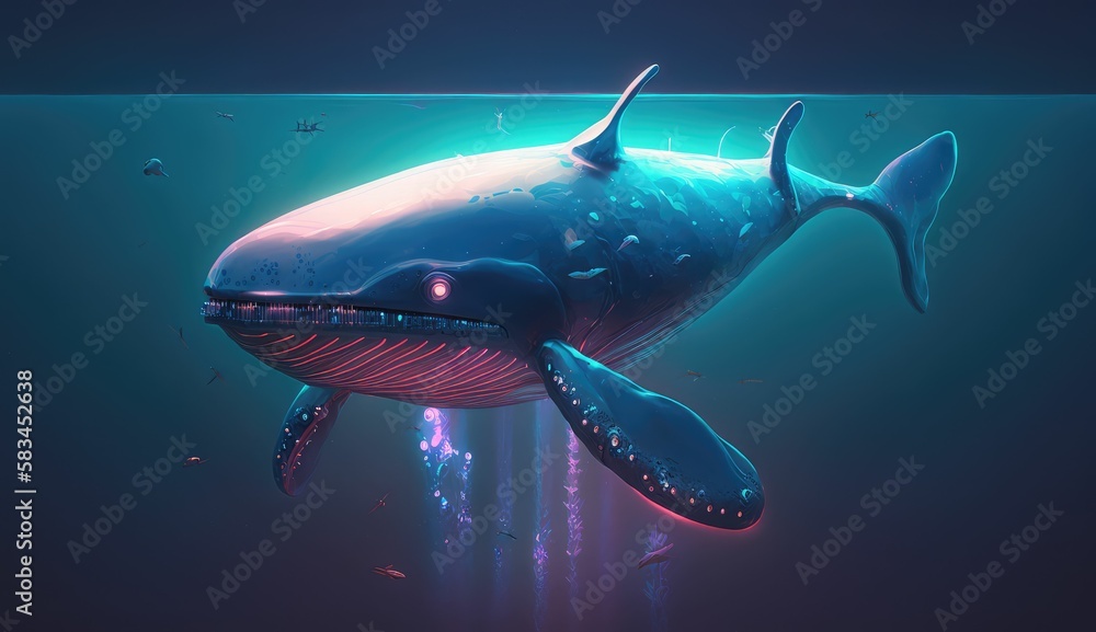 A robotic whale with an illuminated underbelly, swimming gracefully in a neon-lit ocean, evoking a sense of wonder and awe at the beauty of artificial marine life, generative AI A robotic whale with an illuminated underbelly, swimming gracefully in a neon-lit ocean, evoking a sense of wonder and awe at the beauty of artificial marine life, generative AI