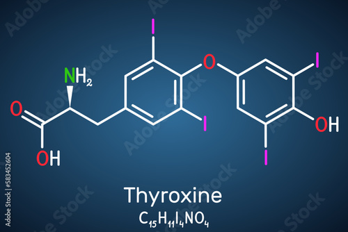 Thyroxine, T4, levothyroxine molecule. It is thyroid hormone, prohormone of thyronine T3, used to treat hypothyroidism. Structural chemical formula on the dark blue background.