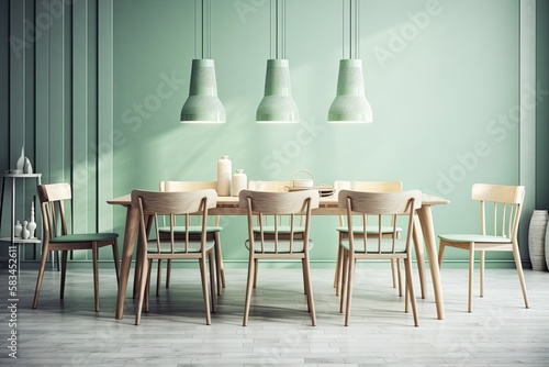 dining table and chairs in light green. Generative AI