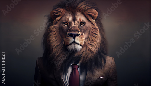Lion s Head wearing a business suit  professionalism and authority. Lion strength  courage  and leadership. The business suit  corporate world.