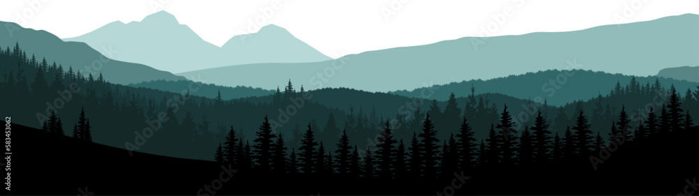 Forest woods hill mountains peak vector illustration banner nature outdoor adventure travel landscape panorama - Green silhouette of spruce and fir trees, isolated on white background..