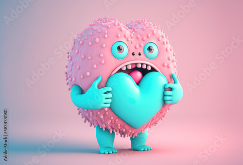 3D character is a cute monster holding a heart. Funny toothy alien gives heart  confesses his love on pastel background. AI generated