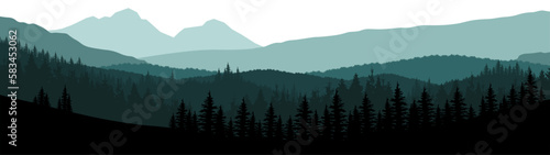 Forest woods hill mountains peak vector illustration banner nature outdoor adventure travel landscape panorama - Green silhouette of spruce and fir trees, isolated on white background..