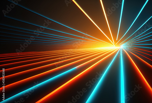 Abstract psychedelic dark background, multicolored glowing neon straight lines. Immersive fantasy interior, corridor, gallery. 3D rendering. AI generated.