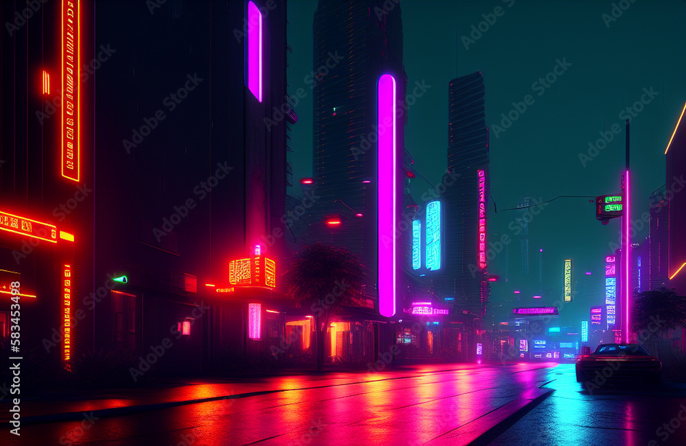 Illustration of a bustling urban street at night illuminated by colorful neon lights created with Generative AI technology Illustration of a bustling urban street at night illuminated by colorful neon lights created with Generative AI technology