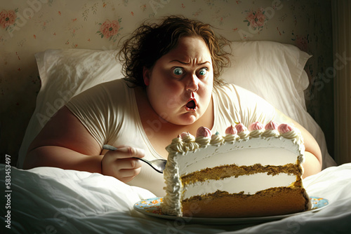 Dealing with stress. Fat woman eating cake in bed