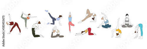 Woman doing sport yoga pilates in different poses in brown red blue pink yellow gray clothes set in line art on white background